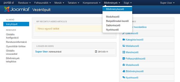 Joomla 3 kiegészítők menedzselése