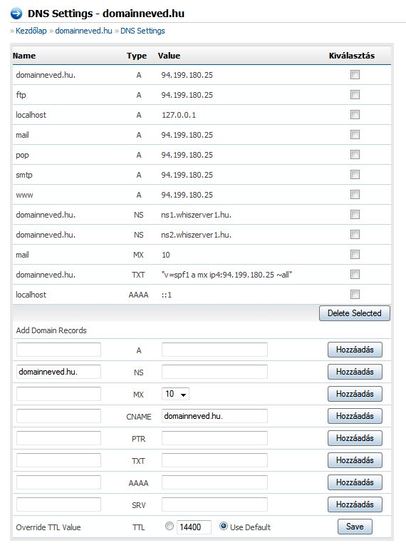 Directadmin DNS rekordok kezelése